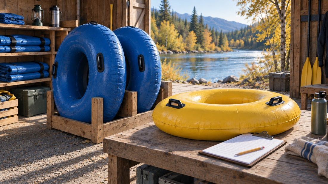 Photorealistic generated scene of blue and yellow tubes beside an inventory clipboard in a riverside shed.