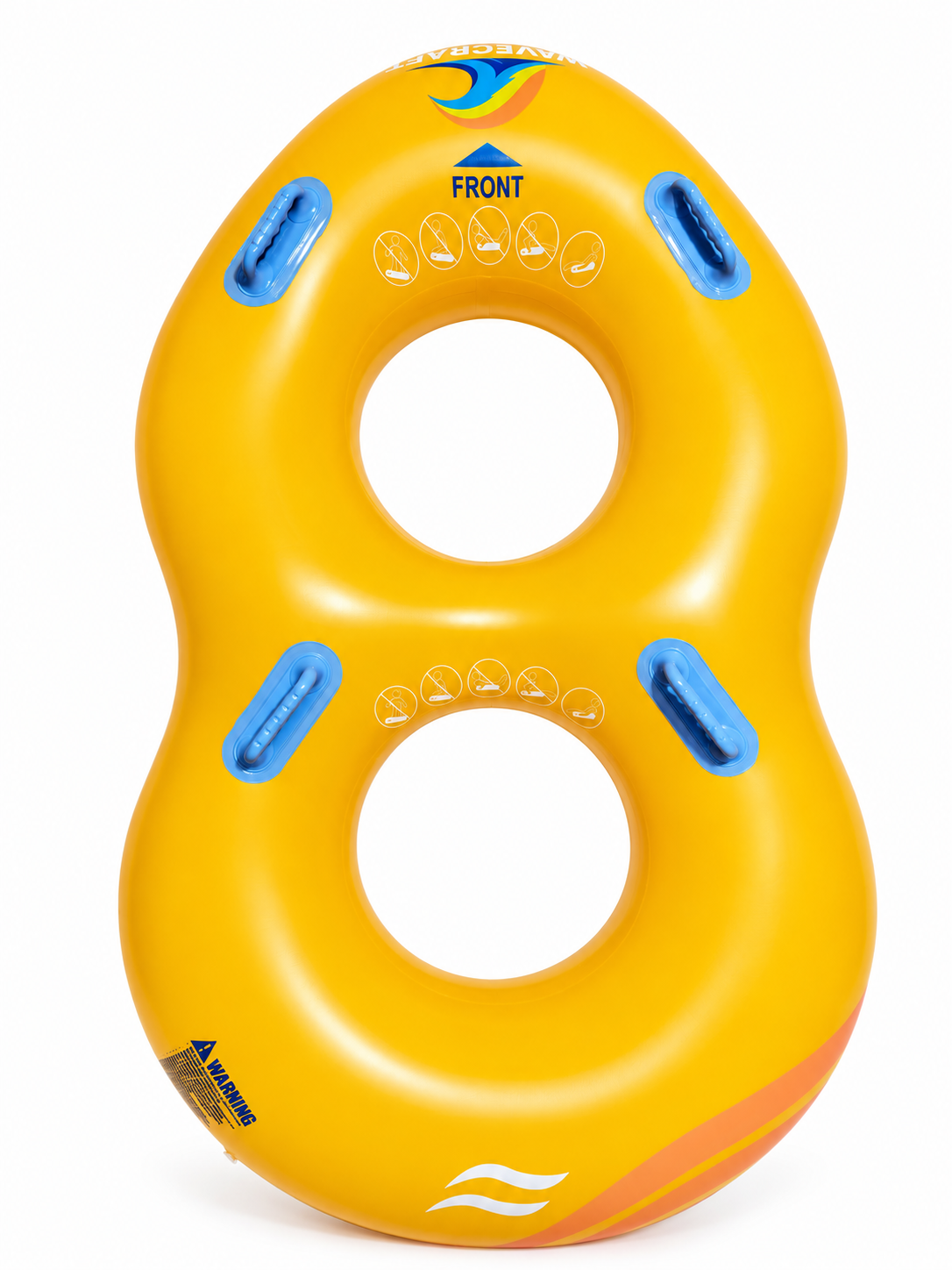 Yellow WaveCraft double tube with two rider openings and four blue handles