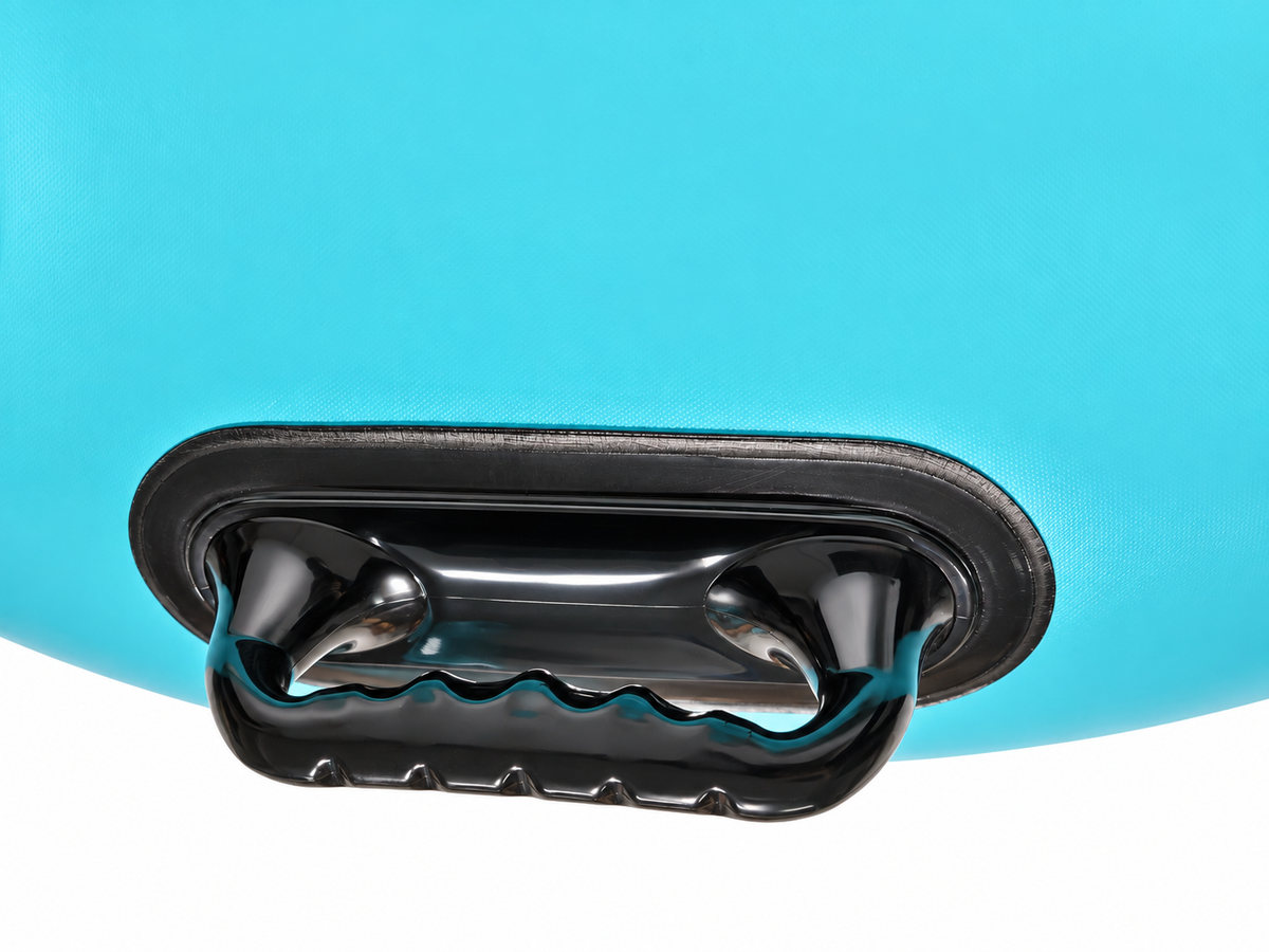 Close-up photograph of a black molded handle and attachment patch on a blue WaveCraft tube