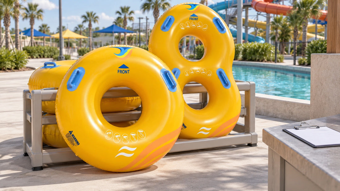 Photorealistic generated scene of yellow single and double tubes staged beside a waterpark pool before opening.