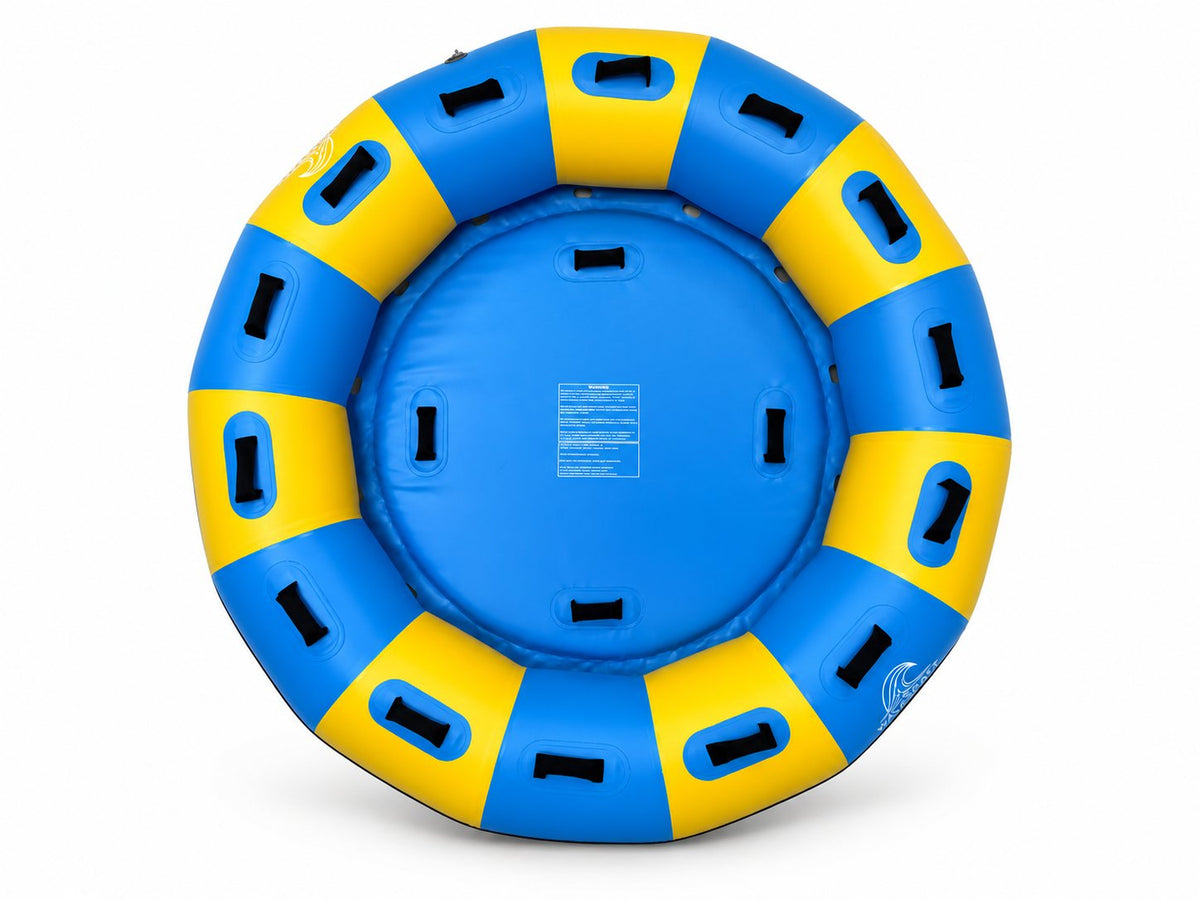Blue and yellow WaveCraft Pro 78-inch Family Raft with a closed floor and strap handles